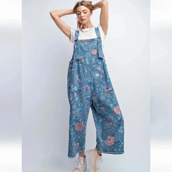 Easel Washed Denim Flower Printed Vintage Washed Overall Jumpsuit M - Picture 1 of 16